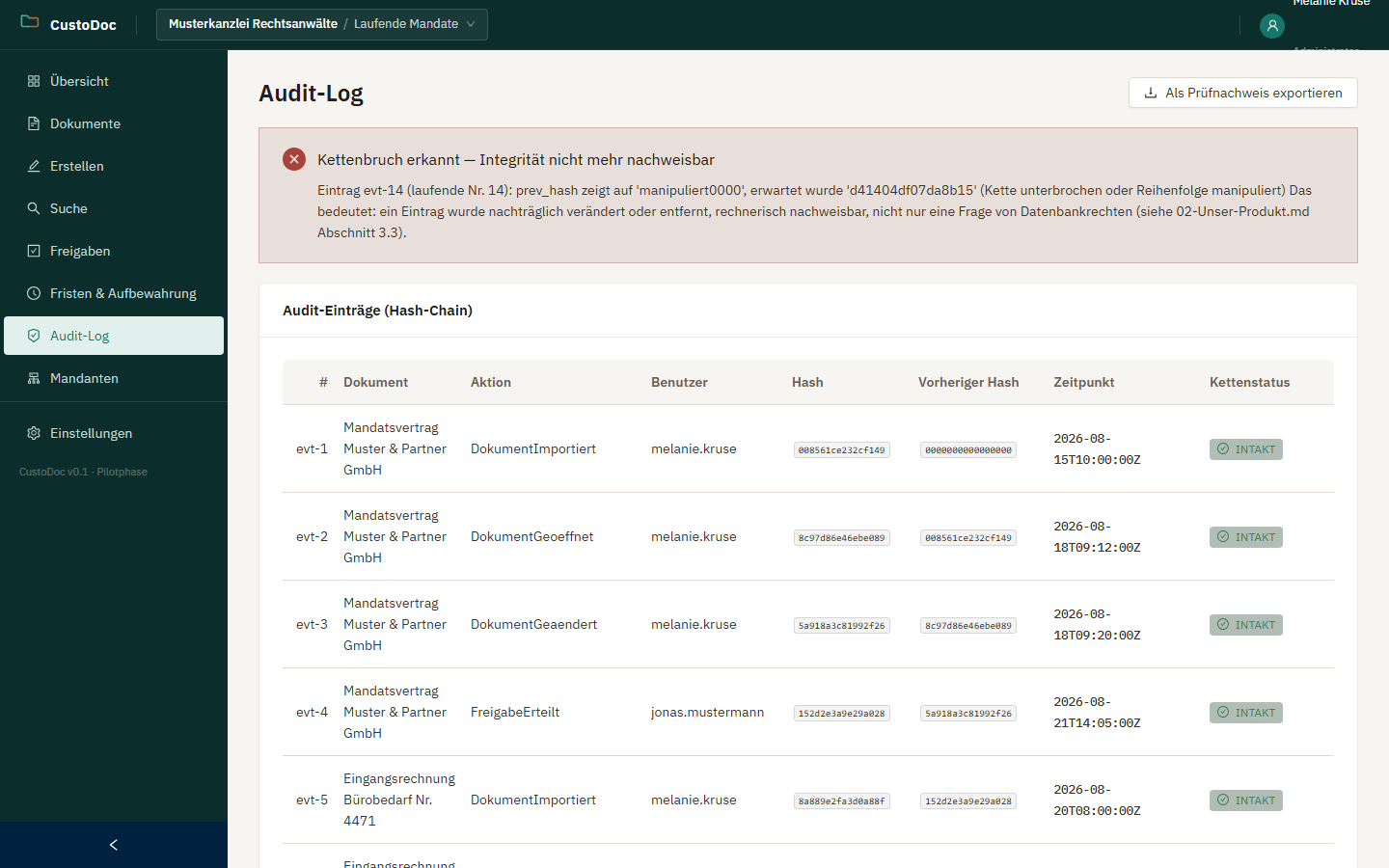 Audit-Log mit Kettenstatus und chronologischer Ereignisliste