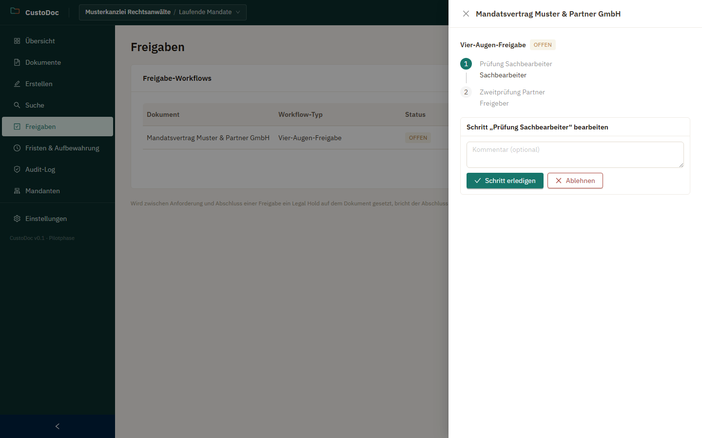 Detailansicht eines Freigabe-Workflows mit einzelnen Schritten