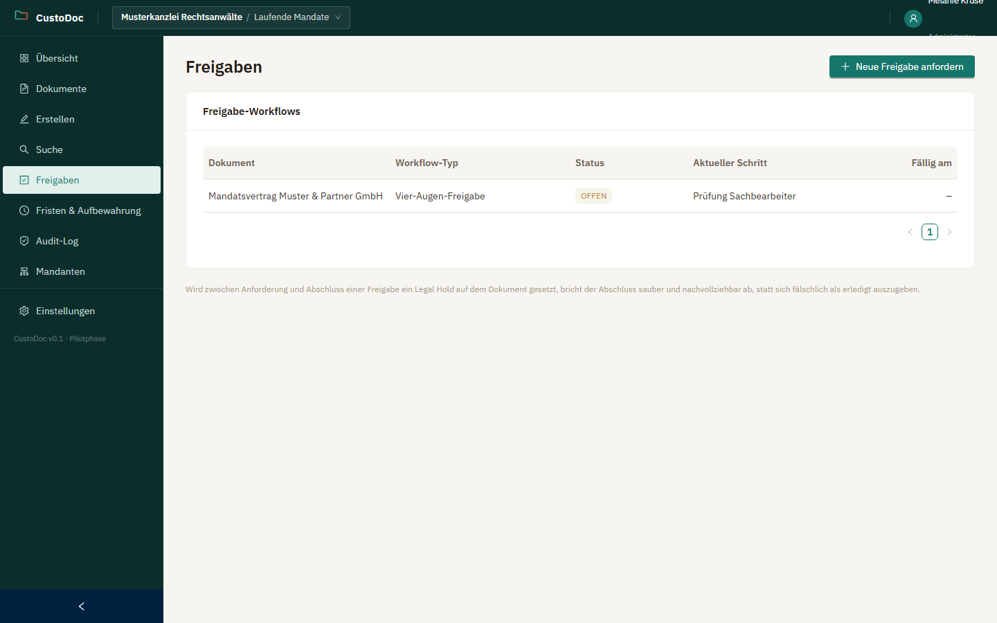 Freigaben-Übersicht mit Workflow-Status je Vorgang
