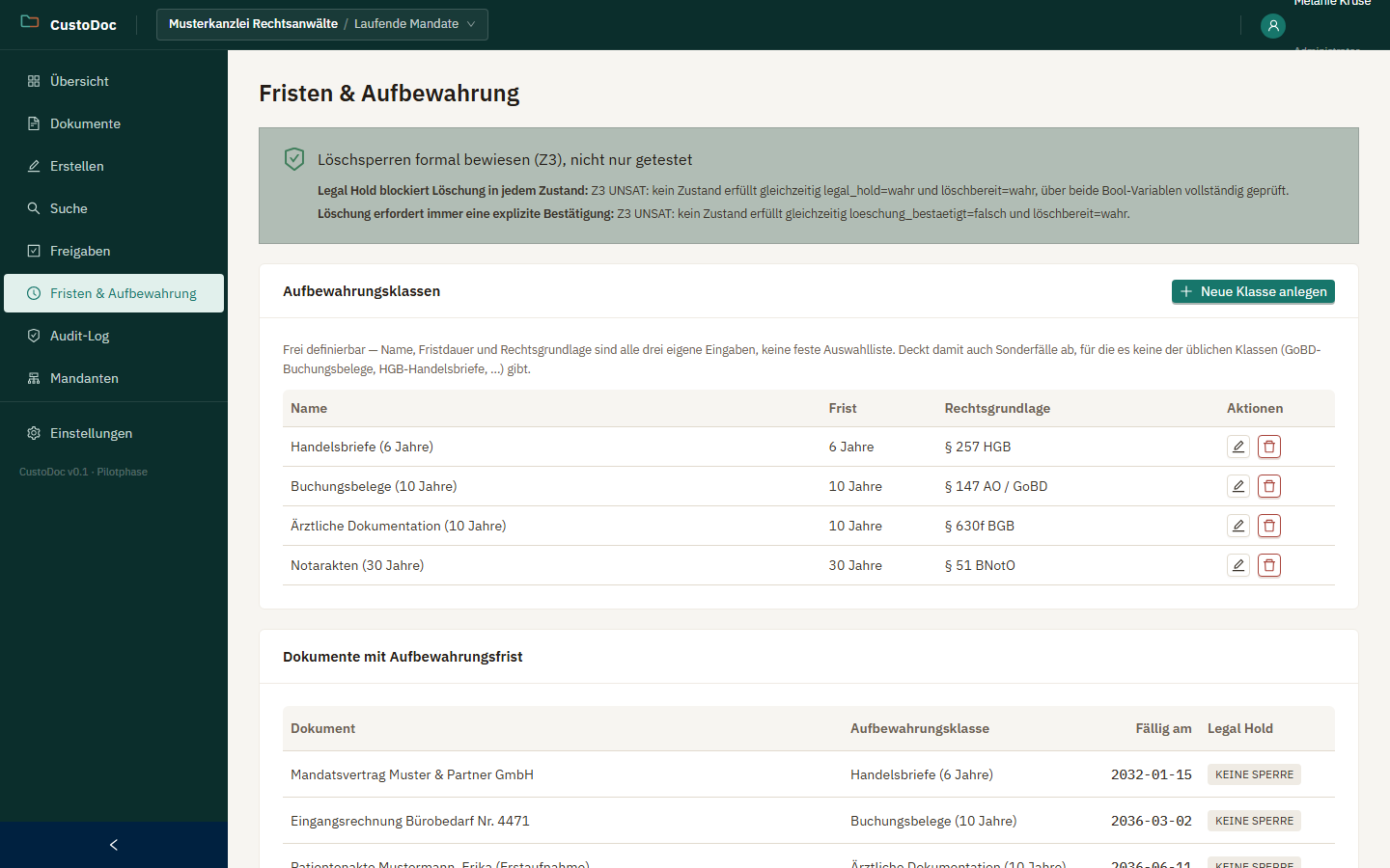 Fristen und Aufbewahrung mit formalem Z3-Sicherheitsbeweis und Aufbewahrungsklassen