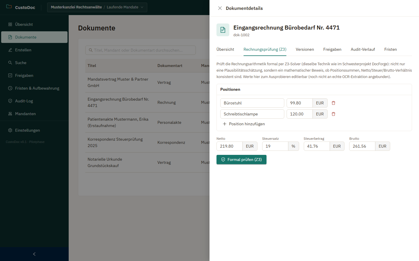 Formale Rechnungsprüfung mit Z3-Solver auf einem Rechnungsdokument